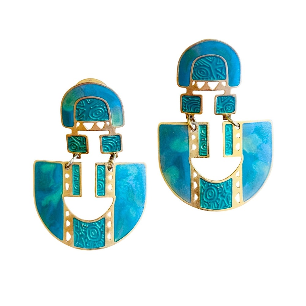 VTG Edgar Berebi Earrings Dangle Enamel Chunky Pierced Blue Teal Gold Signed 80s